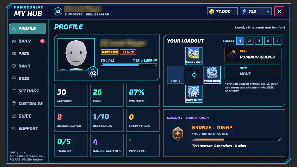 El panel PROFILE de MY HUB en el juego: nivel, estadísticas, equipamiento y liga Ranked